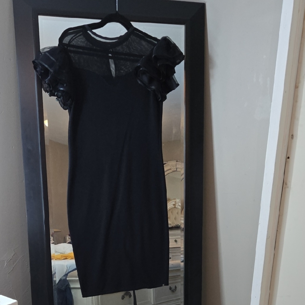 St. John Black Ruffled Sheath Mini Dress